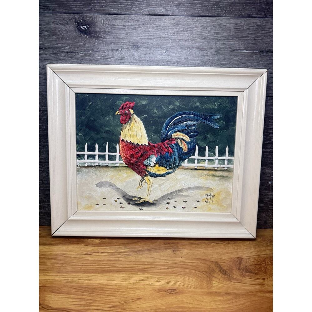 French Country Framed Rooster Art – Rustic Farmhouse Kitchen Decor 21x17~signed